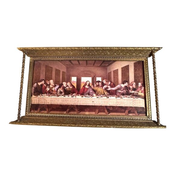 Vintage Metal Framed Velvet Back da Vinci The Last Supper Print 10 3/4” x 5 3/4” - Picture 1 of 10